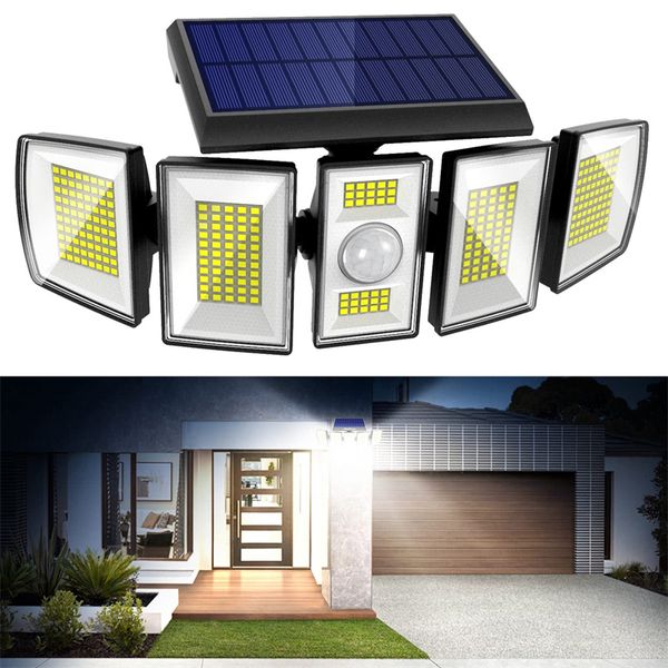 Decorações de jardim Luzes do sensor de movimento solar ao ar livre 5 cabeças 300 lâmpada de rua LED Propertável 360 ° Segurança ampla ajustável 221025