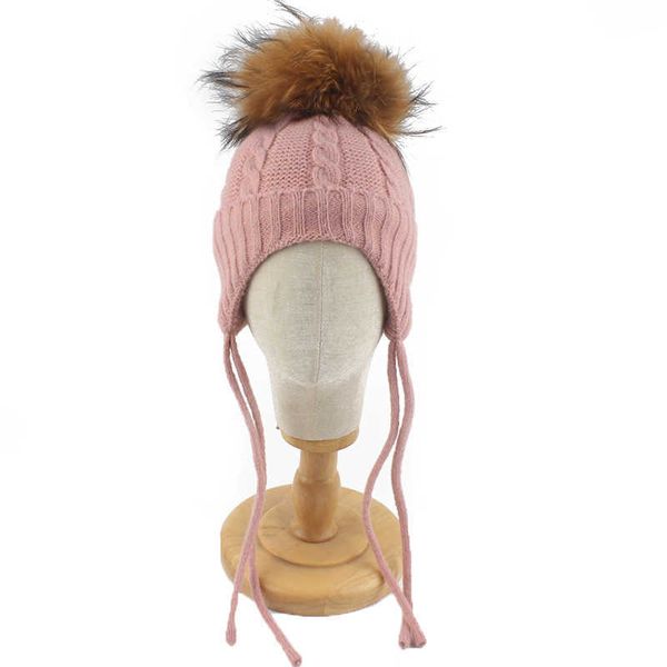 Beanie / Skull Caps Cappello invernale per bambino Vera pelliccia Pompon Beanie Carino Cofano Fodera in pile Protezione per le orecchie Ragazzi Ragazze Berretto caldo Cappello all'uncinetto per bambini T221020