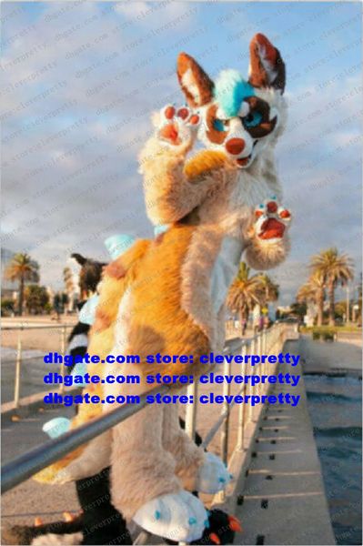 Traje de mascote de lobo peludo de pele longa colorida Husky Dog Fursuit de raposa para adulto Roupa de personagem de desenho animado Terno de campanha popular Sofisticado zz7595