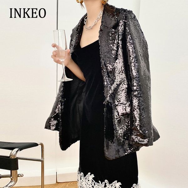 Abiti da donna Blazer Blazer di paillettes neri da donna Spring Bling Loose Office lady Giacca con paillettes a maniche lunghe Abbigliamento da club elegante INKEO 1O274 221026