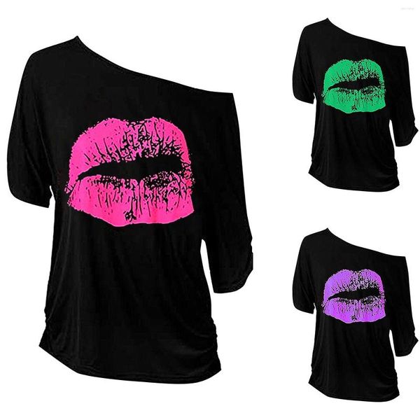 Camicette da donna Top alla moda Ragazze adolescenti Donna Casual Sexy Maniche irregolari Labbra Stampa T-shirt con spalle scoperte Manica lunga Plus T-shirt Top in cotone