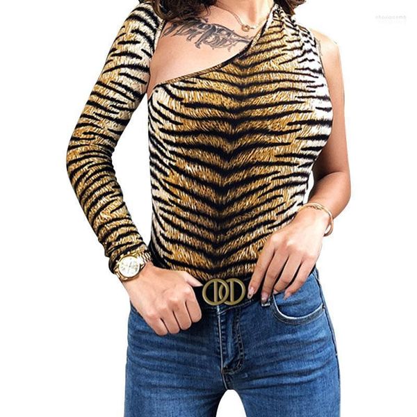 Tute da donna Pagliaccetti da donna Body elasticizzato a maniche lunghe Body da donna Top T-shirt Camicetta leopardata Stampa pelle di tigre Sexy singolo