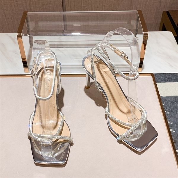 Elbise Ayakkabı Moda Rhinestones Gladyatör Gümüş Yüksek Topuklu Ayak Bileği Kayış Sandalet Kadın Seksi Stiletto Parti Gelin Ayakkabı 221025