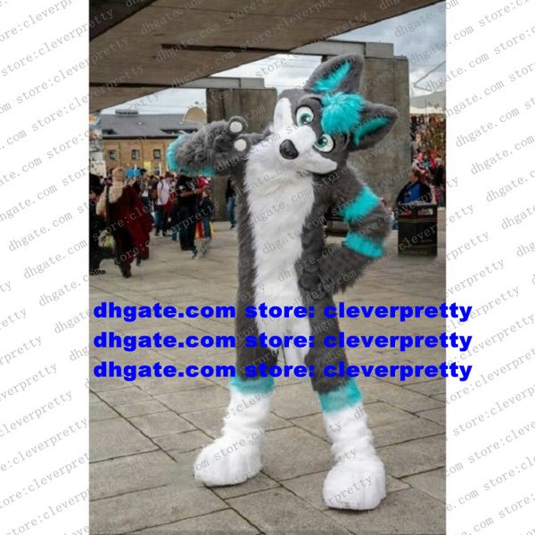 Pelliccia lunga Furry Lupo grigio Costume mascotte Husky Dog Fox Fursuit Personaggio dei cartoni animati per adulti Vestito completo Promozione aziendale Taglio del nastro zz7576