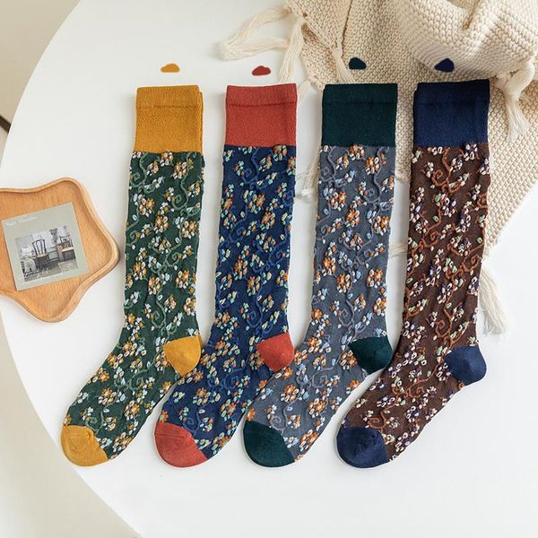 Frauen Socken Floral Print Strümpfe Koreanische Mode Herbst Winter Warme Lange Japanischen Stil Süße Mädchen Oberschenkel Hohe