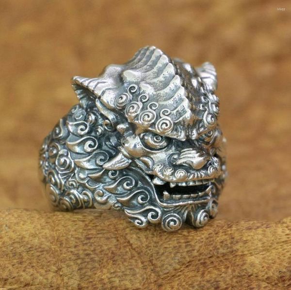 Кластерные кольца 925 стерлинговой серебряный китайский стиль Lion Ring Mens Biker Punk TA210 US Size 7-15