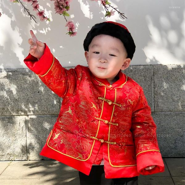 Ethnische Kleidung Baby Jungen Jahr Kinder Kinder Hanfu Tang-Anzug Rote Stickerei Fleece Weste Tops Jacken Traditionelles orientalisches Kostüm
