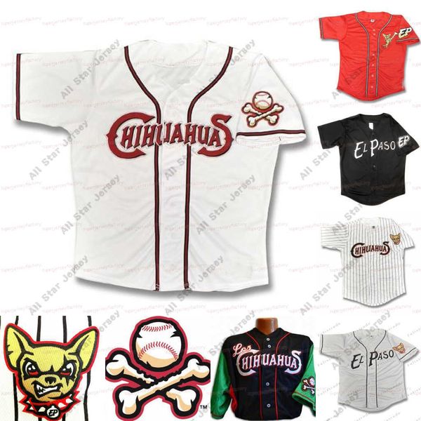 Maglia personalizzata El Paso Chihuahuas Home Road Howling Dog Maglia da baseball Messico Camicie bianche rosse nere Tutte ed