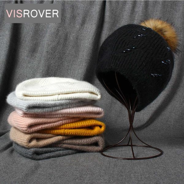 Gorro/crânio tampas visrover 8 coelho caxemira unissex mulher chapéu de inverno com gorros de outono com pompom mulher caxollies de lã quente t221020