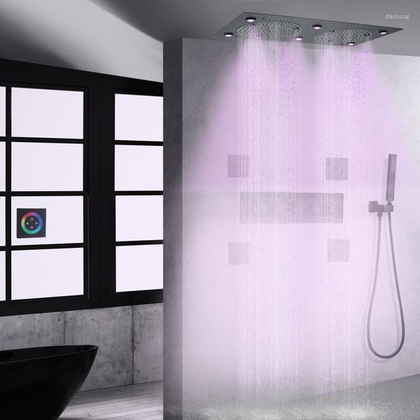 Badezimmer-Duschsets, mattschwarz, Overhead-Thermostat, Regenwasserhahn, buntes LED-Licht, Handkopf-Set