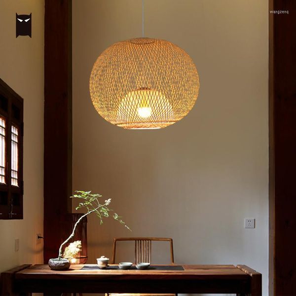 Lampadari 60 cm Mano Bambù Rattan Lampadario in vimini Apparecchio Cinese Rustico Lampada da soffitto a sospensione Palla Plafon Lustro Avize Illuminazione Foyer