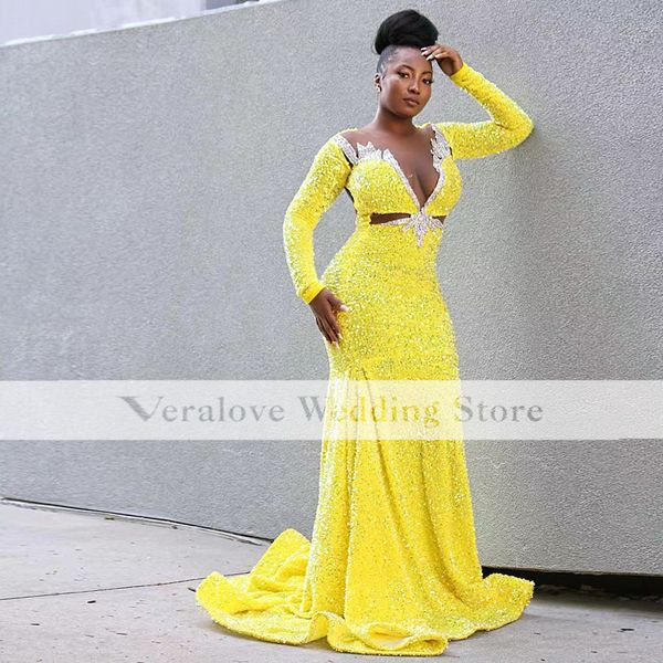 Празднование выпускного платья русалка 2022 с длинными рукавами блестящая желтая африканская вечеринка для женщин Vestidos de Gala