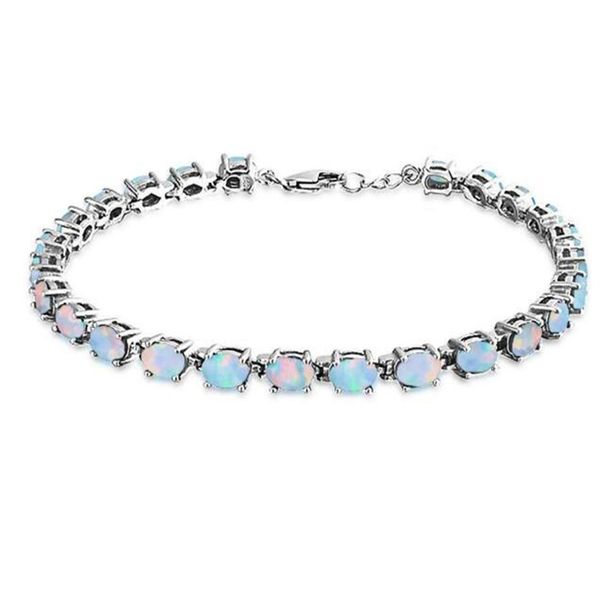 Bracelete de charme de prata Fogo de opala branca 925 prata esterlina 925 STERLING SINTÉTICA OPAL Oval Bracelete de tênis 8 26 polegadas para mulheres Moda P285a