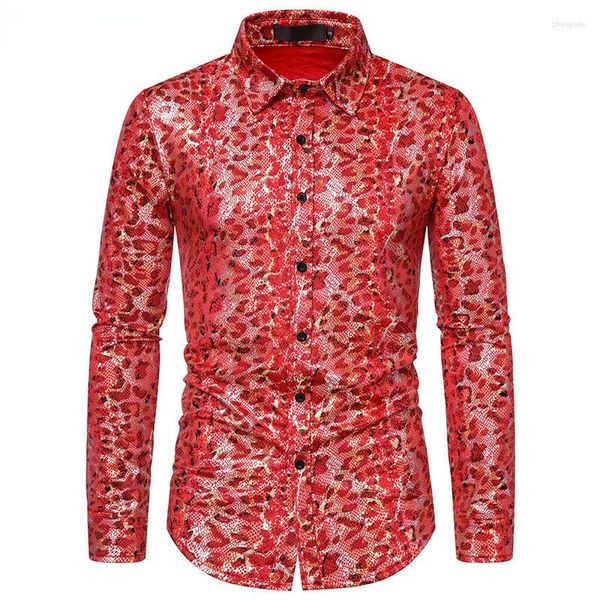 Мужские повседневные рубашки мужские красные леопардовые бронзинг платье 2022 Сексуальные 70 -х диско -танце