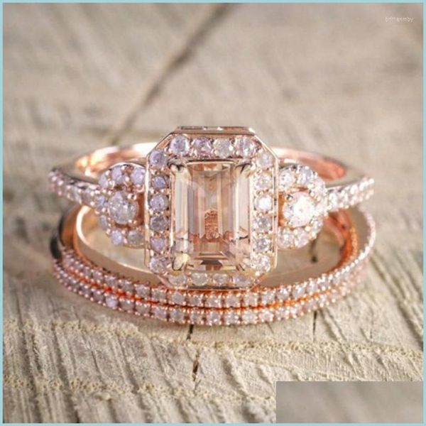 Fedi nuziali Fedi nuziali Donna Luxury Rose Gold Square Crystal Zircon Ring Set Band Promise Engagement For Women Lovers Gifts Je Dho7S