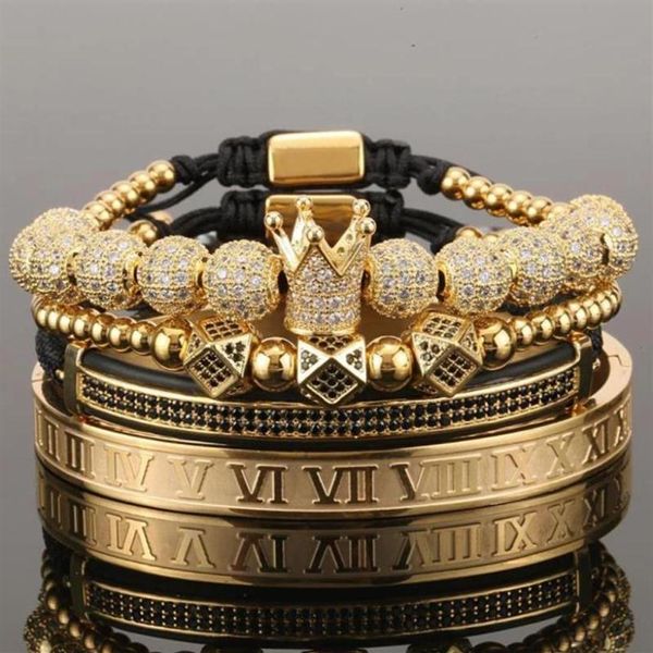 4 pz / set oro hip hop fatto a mano braccialetto di perline uomo rame pavimenta cz zircone corona numeri romani bracciali braccialetti gioielli di lusso3093