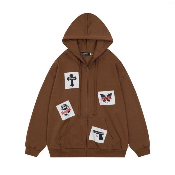 Männer Jacken Streetwear Hip Hop Mit Kapuze Jacke Männer Kreuz Schmetterling Rose Gun Patches Mantel Harajuku Zip Up Hoodie Baumwolle Männlich