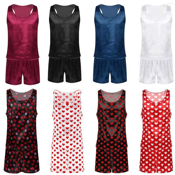 Herren-Nachtwäsche, Sommer-Männer, Sissy Gay, Satin, 2-teiliges Pyjama-Set, Nachtwäsche, ärmelloses Tank-Top, Shorts, Nachtwäsche, Nachthemd, Loungewear