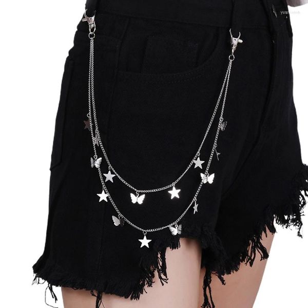 Cintos mulheres camadas dupla Butterfly Star Chain 2022 Moda feminina Saias de calça bolso da carteira com fecho de lagosta