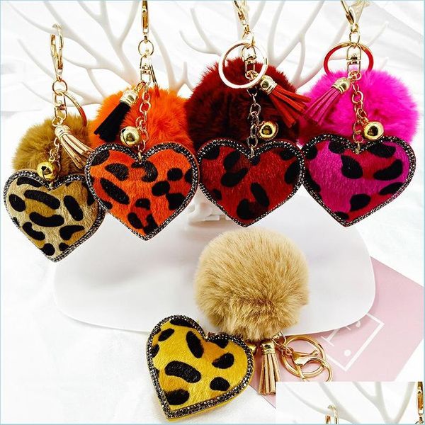 Keychains colhedores coreanos veet shinestones leopard padr￣o amor bola de cabelo key anel pingente de sino acess￳rios carros lage grow entrega dhot7