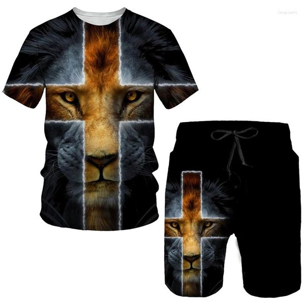 Erkek Trailsits Erkekler Setleri Yaz 3d Cross Lion Erkekler Moda Moda Günlük Kısa Kollu T-Shirt Şort 2 Parça Set Erkek Spor Giyim Büyük Boy