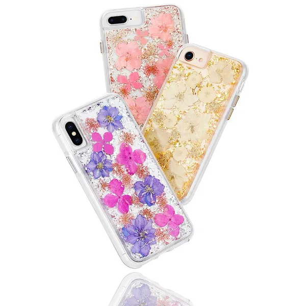 Funda de teléfono con flores secas reales para iPhone 14 13 11 12 Pro Max X XR Xs Max transparente con parte trasera dura y borde suave a prueba de golpes