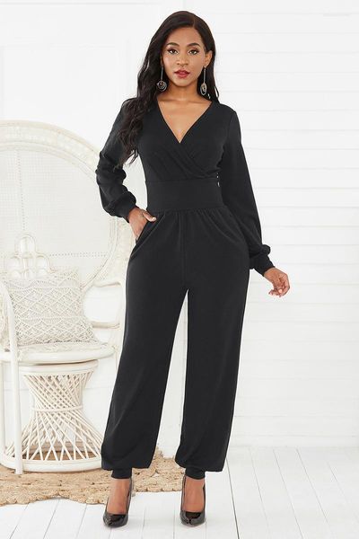 Macacão feminino macacão feminino macacão de manga longa para mulheres 2022 elegante preto preto plus size largura calça de calça solta