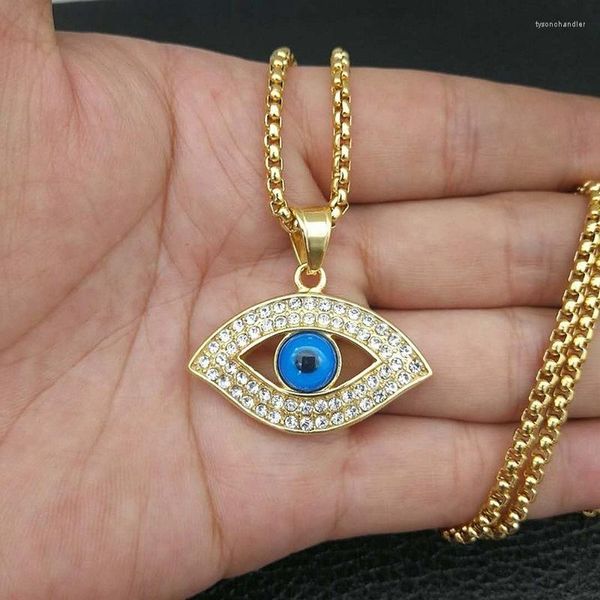 Kolye Kolyeleri Zirkon Gözü Gözü Kolye Erkek Moda Titanyum Çelik Renk Koruma Altın Kaplama Rhinestones Hip Hop Takı