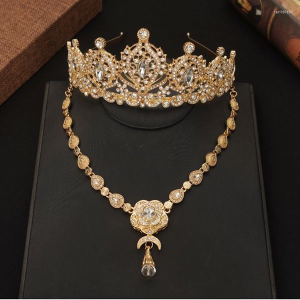 Halskette Ohrringe Set Algerischer Hochzeitsschmuck Braut Tiara Krone Rot Grün Weiß Mondform Kristall Anhänger Weibliche Partybevorzugung