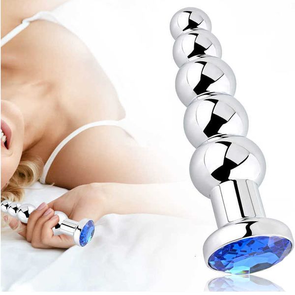 Brinquedos de brinquedos sexuais Masager Metal Anal Breads Blue Jewelry Butt Plug Treiner Toys com 5 bolas graduadas Fetish Kinky Love Tools para casal U1ys