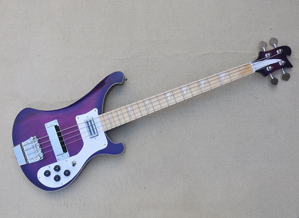 Прозрачная фиолетовая 4 струна электрическая бас -гитара с настраиваемой настраиваемой кленовой грифом