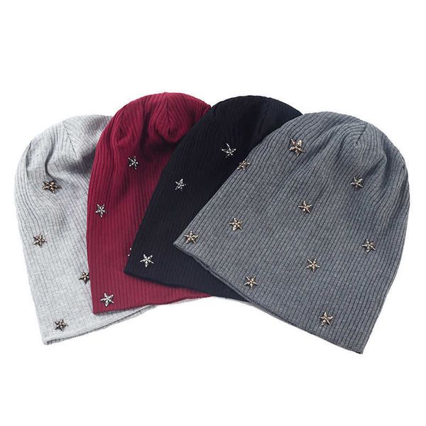 Шапочка/кепки черепа Geebro Women Star Star Ribbed вязаные хлопковые черепа Beanie Casual Soft Design Сплошная шляпа