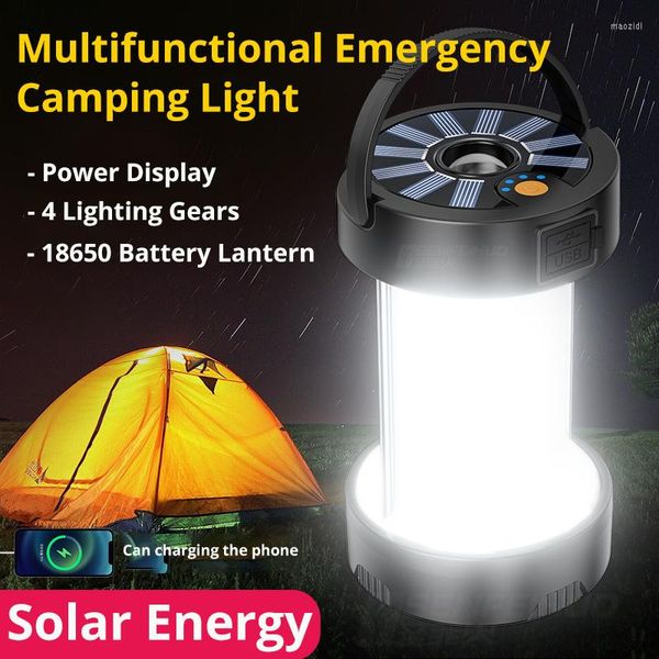 Lanternas portáteis 1000watts Luz de camping de emergência multifuncional 18650 Lanterna de bateria Flash Iluminação de flash Solar-Energy PowerBank Lamp