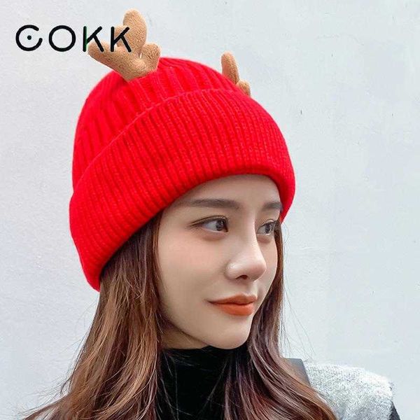 Gorro/caveira tampa de caveira cokk chapéu de inverno mulheres camadas de malha de malha de malha Proteção à orelha de chifre de chifre de veado quente gabinete de inverno gabinete femme novo T221020