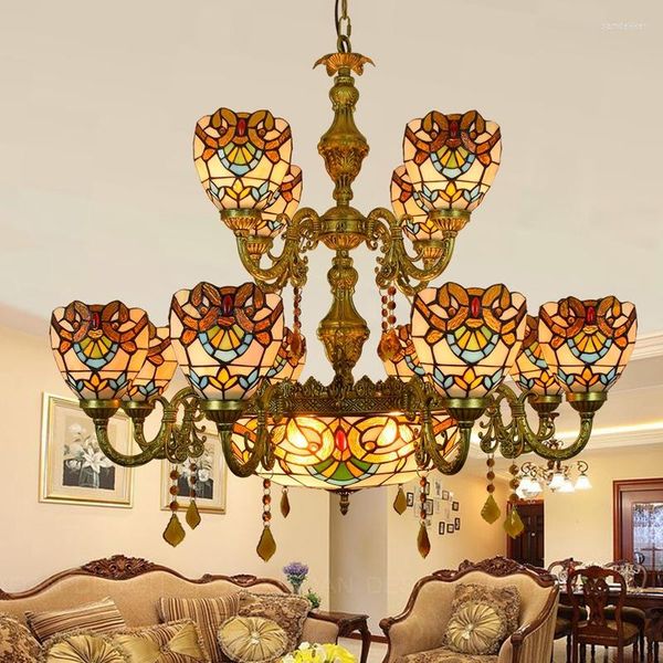 Lâmpadas pendentes Tiffany Colored Glass Barroce Vintage El Bar Club Sala de estar Villa Multi-Head 12 1 Chandelier