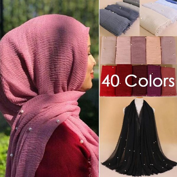 Schals 40 Farben 180 90 cm Plain Jersey Perlen Hijab Schal Frauen Damen Crinkle Baumwolle Muslim Wrap Maxi Islam Perlenschal Stirnband