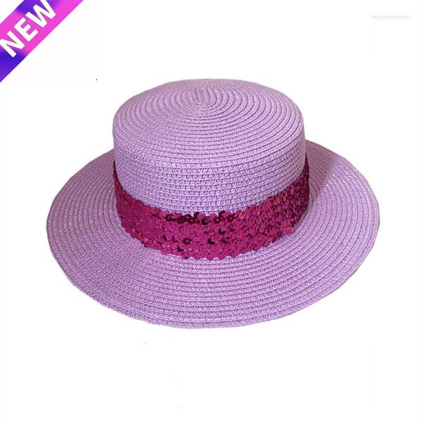 Berretti Cappello da sole Donna Viola Paillettes Paglia Classic Beach Tesa larga Panama Uomo Protezione UV Cap Chapeau Femme 2022