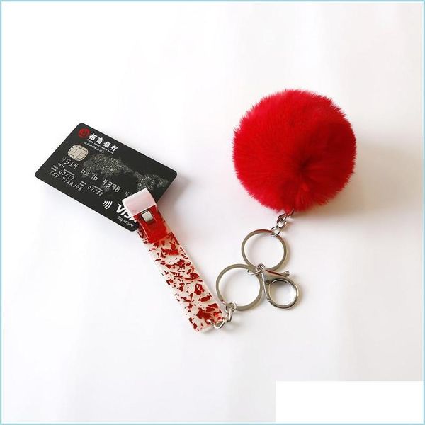 Anahtarlıklar Landards DHS Kart Temassız Banka Okuyucu Uzun Tırnak Zırh Kartları Tutucu Keychain Kadın Akrilik Kürk Top Anahtar Yüzük Charm J DHY1F