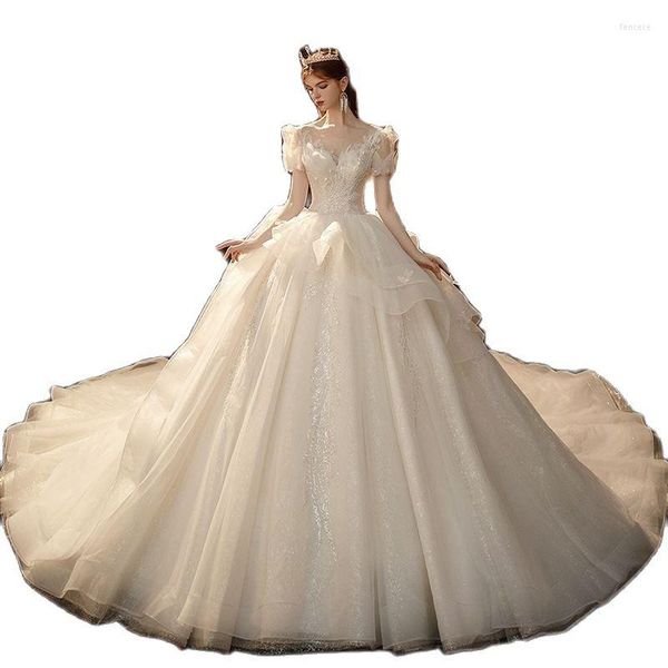 Abito da Sposa Vita alta Tinta unita Cravatta Scollo a V Maniche corte Trailing Mori Temperamento semplice Sposa Slim Dimagrante