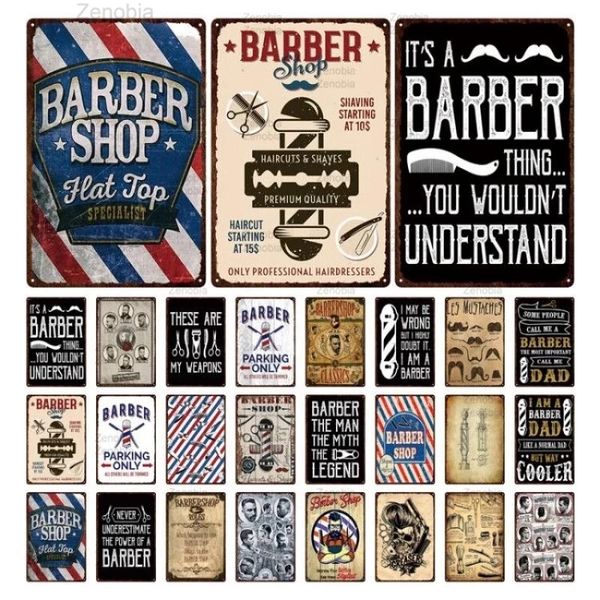 Vintage Barber Shop Metall Gemälde Barbershop Poster Bar Pub Retro Plakette Haarschnitt und Rasur Bart Eisen Gemälde Kunst Teller 20 cm x 30 cm Woo