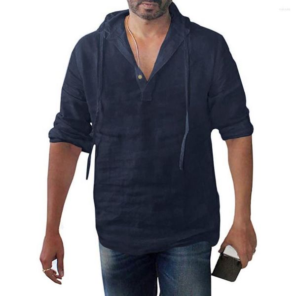 T-shirt da uomo manica lunga ampia da uomo in cotone tinta unita camicetta con cappuccio in lino con bottoni