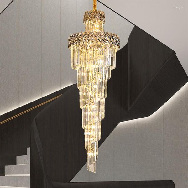 Lampadari Lampadario di cristallo lungo per scala Sala di lusso Soggiorno LED Cristal Lustre Grande decorazione moderna per la casa Lampada dorata