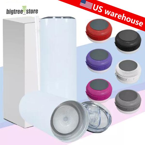 ABD Deposu Küçük Paket 20oz Süblimasyon Bluetooth Hoparlör Tumbler 9 PCS Boş Tasarım Kupası Beyaz Taşınabilir Kablosuz Hoparlörler Seyahat Kupa Akıllı Müzik Bardağı Saman