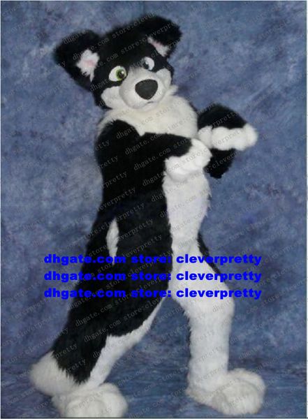 Traje de mascote peludo preto branco de pele longa Husky Dog Fox Wolf Fursuit adulto roupa de personagem de desenho animado terno faça as honras festa de aniversário zz7591