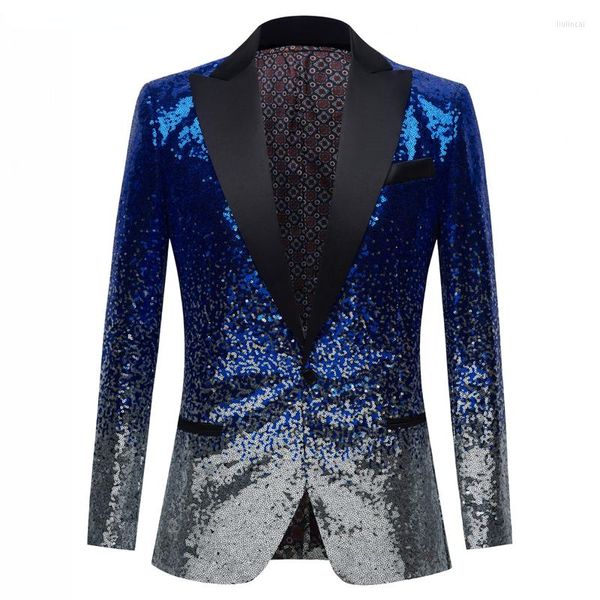 Abiti da uomo Giacca da uomo con un bottone in paillettes blu royal lucido Giacca da uomo con paillettes glitter sfumate Blazer da uomo Costume da ballo di scena per matrimoni