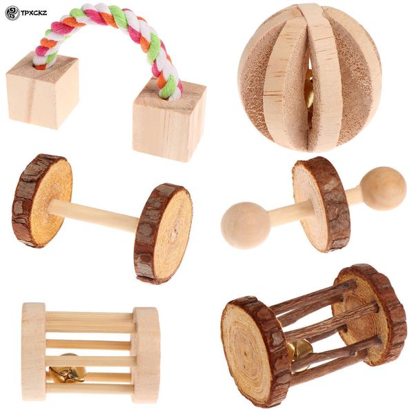 Kleintierbedarf 6-teiliges Set für Hamster, natürliches Holz-Kauspielzeug, Chinchilla-Käfig-Zubehör, Kaninchen-Hantel-Übungs-Glockenroller 221025