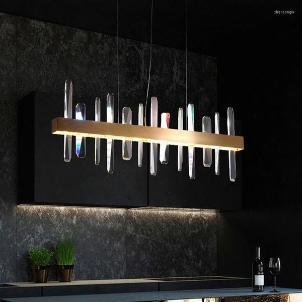 Lampadari Lampadari moderni in cristallo per sala da pranzo Lampadario a rettangolo singolo Sospensione a filo Cucina Isola Bar Illuminazione Lampada da casa a LED