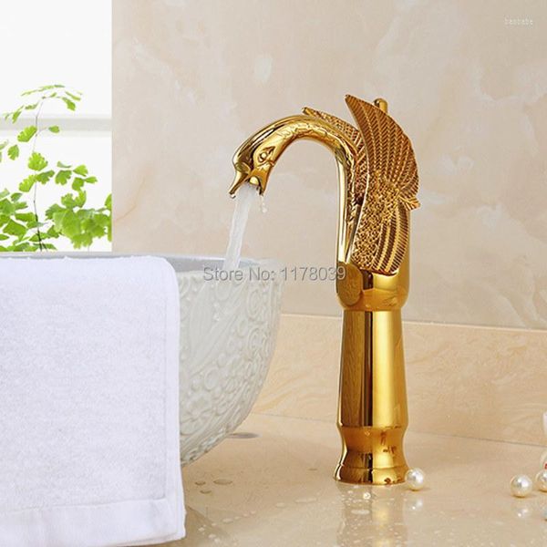 Badezimmer-Waschtischarmaturen, Luxus-Qualität, europäischer Stil, Gold-Wasserhahn, erhöht, antiker Schwan, Vintage-Messing, J16941