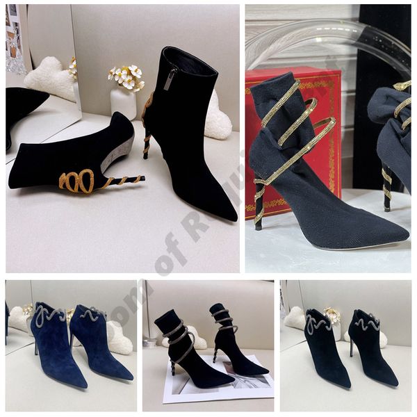 Stivali con tacco alto intrecciati con serpente Stivaletti Décolleté Donna RENE CAOVILLA cristallo Strass oro lucido Suola argento diamante Designer scarpe a punta con tacco a spillo