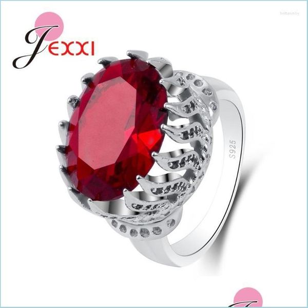 Fedi nuziali Fedi nuziali Grandi tonde a forma di torcia Cubic Zirconia rossa 925 Sterling Sier Lusso affascinante Donna romantica Fidanzamento Rin Dhrcz